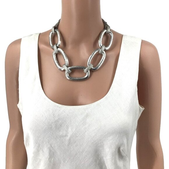 Chunky Statement Necklace Oval Textured Chain Link Adjustable Length - Picture 2 of 3